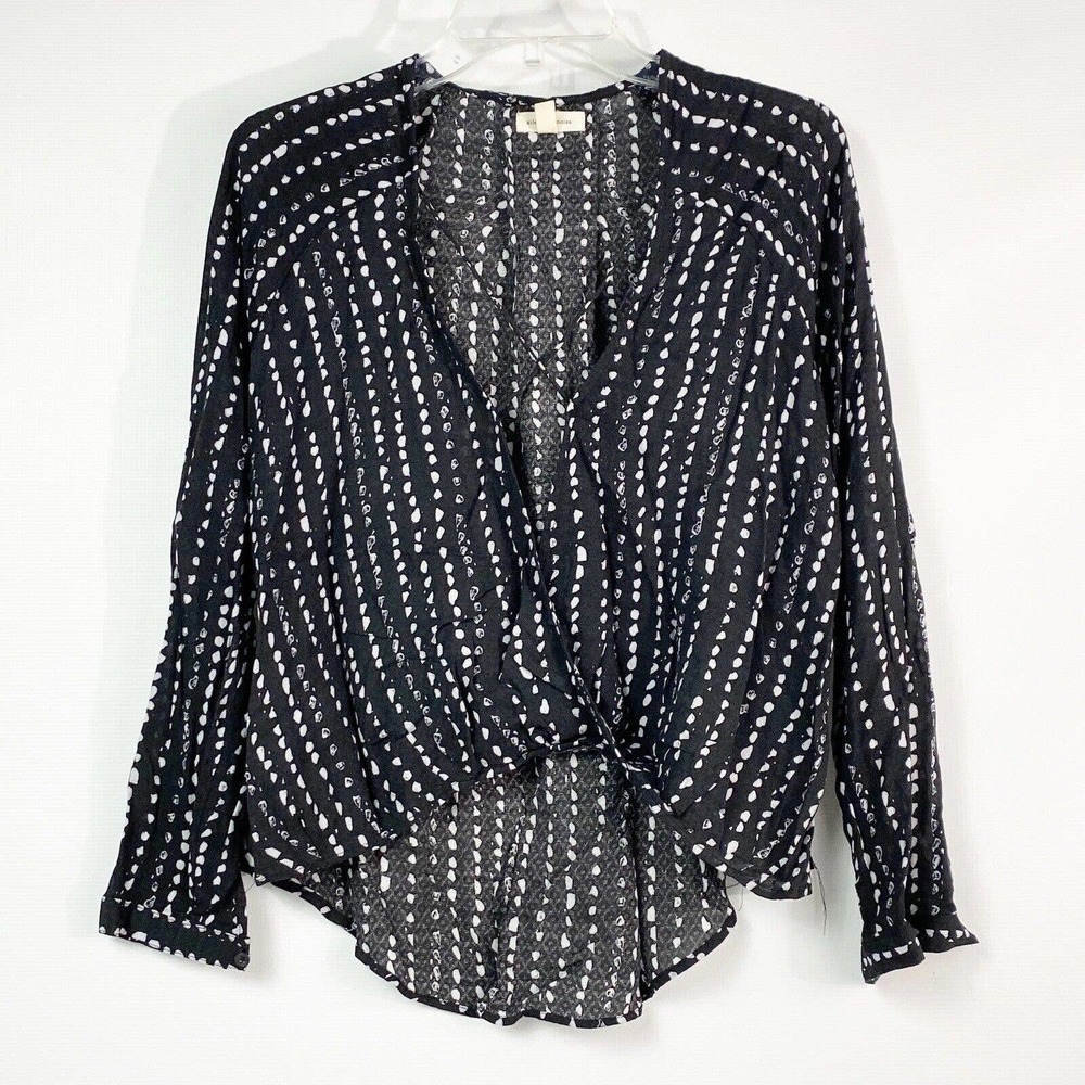 Silence + Noise Wrap Blouse Long Sleeves Black White Size Small
